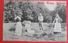 1905 Greetings Postcard FARMING COUNTRYSIDE HAYMAKING LADIES PITCHFORK HAY