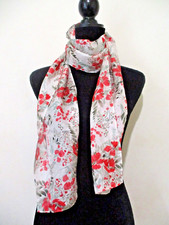 Silk Feel Light Floaty 63" Long Scarf Poppies Red Flowers Shades of Green Leaves