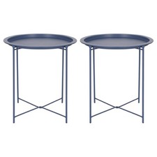 2x Matt Navy Round Steel Tray Tables Living Room Sofa Side End Coffee Table