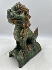 Vintage Chinese Roof Tile Lion Foo Dog 10x8" Green Sancai Glazed Terracotta