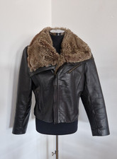 Milan leather dark brown leather jacket size 12/14 aviator fur collar biker READ