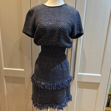 Maje Women's Blue/Silver flecks Tweed Fabric Dress/fringe detail Size 2 Medium 