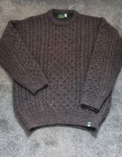 Glencroft Mens Large Brown Jacob 100% Wool Cable Aran Knit Crew Neck Sweater