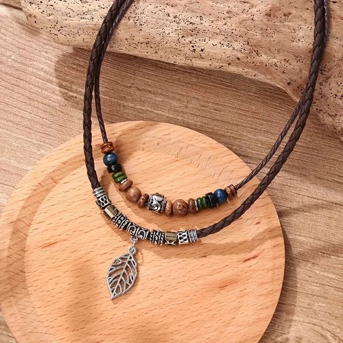 Boho leaf necklace leather - necklace, pu
