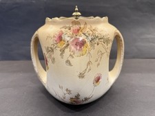 ANTIQUE DOULTON BISCUIT BARREL TOBACCO JAR ? PLATED LID TWO HANDLED FLORAL PINK
