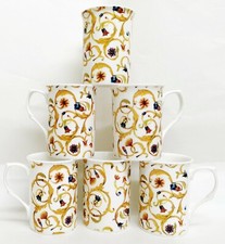 Floral Yellow Scroll Damask & Mica Gold Mugs Set 6 Fine Bone China Castle Cups 