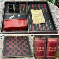 ANTIQUE FAUX GAME BOARD LIBRARY BOOK HISTORY OF ENGLAND BACKGAMMON CHESS 17”