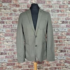 Next Khaki Green Blazer Mens 40 Cotton Fitted Jacket Stretch Elbow Patch