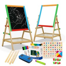 2 in 1 Wooden Kids Easel, Height Adjustable Double-Sided Magnetic Chalkboard