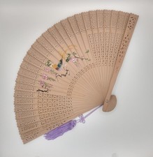 Vintage Wooden Fan Oriental Painted Folding Openwork Boxed Tassel 8inch