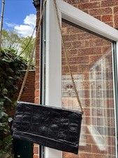 Etui London Black Leather Clutch Bag Textured Crocodile Style, Vintage