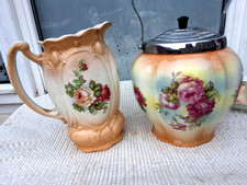 VINTAGE CERAMIC BISCUIT BARREL & CERAMIC JUG PITCHER - FLORAL ROSE DESIGN