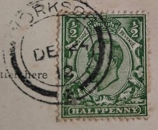 King George V halfpenny green stamp 1912 era on historic postcard.