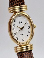 Vintage Montres Lip Ladies Wristwatch -Quartz - Gold Plated -Brown Leather Strap