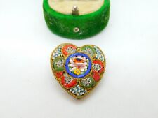 Italian Gilt Metal Micro Mosaic Heart Shaped Brooch Pin Antique c1930