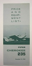 Vintage Piper Cherokee 235 Price & Equipment List Brochure Leaflet 1963 VGC