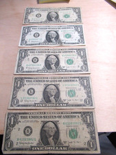 Lot of 5 One Dollar Bills