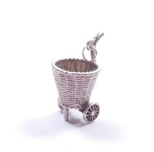 Vintage Charm Wicker Shopping Trolley Moving Wheels 925 Sterling Silver 4.3g