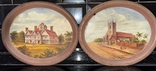 Oil Paintings On Oval Tin By H Challis Oak House & All Saints Church