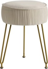 Velvet Round Footrest, Makeup Vanity Stool, Side Table, Creamy-White, Gold Legs