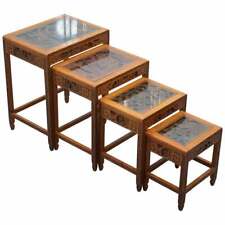 CARVED NEST OF CHINESE TABLES DEPICTING SCENES OF NOBLEMEN DRAGON BOAT FLOWERS