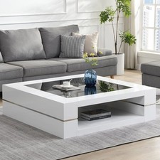 Cyndy High Gloss Coffee Table In White With Black Glass Top