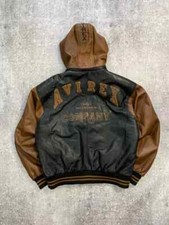 Avirex Company Genuine Leather Bomber Jacket Black Brown Baggy Hooded Mens Coat