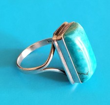 Vintage Large Turquoise Rectangular Stone Sterling Silver Ring - Size R to S