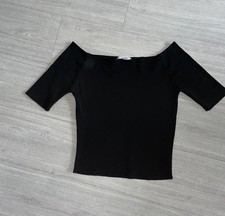 ZARA BLACK FINE KNIT RIBBED OFF SHOULDER TOP SIZE L UK 12