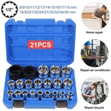 21Pcs 12 Point Socket Set 1/2" Drive Double Hex Shallow Sockets Tool Set 8-36mm
