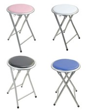 Folding Round Small Stool Silver Metal Frame Portable Padded Seat Saving Space  