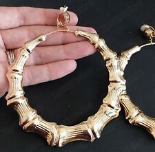 CLIP ON 10cm JUMBO BAMBOO HOOP EARRINGS 4"big GIANT HOOPS metal GOLD TONE large