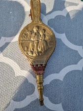 Antique Handheld Brass & Leather Ship At Sea Fire Bellows Fireplace Accessory