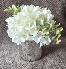 White Hydrangea & Dusty Miller Foliage In Silver Speckled Metallic Vase By Peony