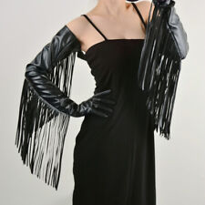 Ladies Faux Leather Gloves Tassel Wrist Long Evening Party Punk Black Retro SPW