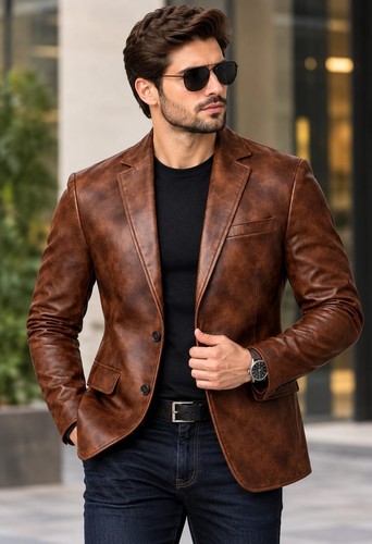 Mens brown leather blazer - brown,