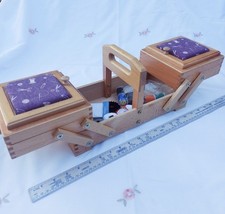 Canterlever type Wooden Sewing Box with purple pin cushions & Needlework bits