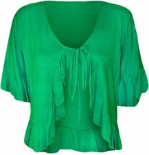 WOMANS TIE UP FRONT BOLERO SHRUG WOMENS SHORT SLEEVES FRILL SHIRT PLAIN CROPPED
