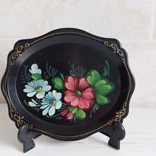 Zhostovo Plastic Tray Black Hand Painted Mini Rectangle Floral Folk Art USSR