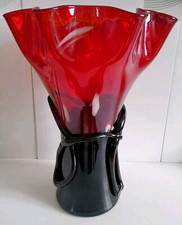 Large 14" Art Glass Red Black Ruffle Top Handkerchief Vase Heavy Quality Piece 