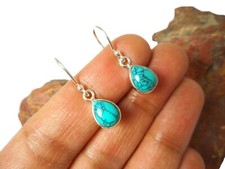 Pear Tibetan TURQUOISE  Sterling  Silver  925  Gemstone Drop Dangle Earrings