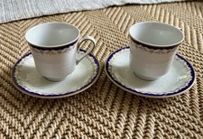Pair of Espresso coffee Cups & Saucers Bone China Blue & Gold Vintage Italian