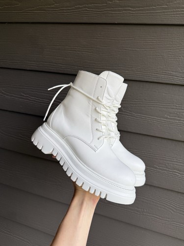 Women white leather combat - leather,