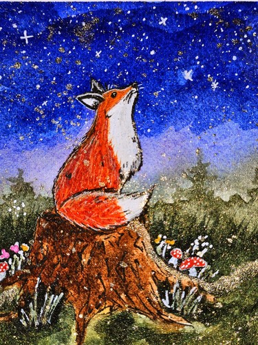 Fox watercolour painting 4x6 - fox,