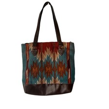 Southwestern Blanket Aztec Western Tribal Wool Leather Tote Bag Shoulder Bag