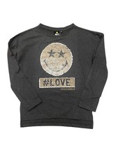 Girls Long Sleeve Brush Changing Sequin Heart Star Fame Love Smile Grey Top