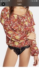 FREE PEOPLE Womens Red Printed Long Sleeve Boat Neck Body Suit Top Size: M L