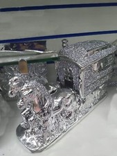 SILVER HORSE WITH WAGON GYPSY CRUSHED DIAMOND CARRIAGE ORNAMENT SHELF SITTER