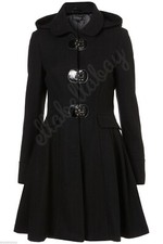 TOPSHOP Black Girly Hooded Clasp Full Skirted Fit Flare Riding Wool Coat UK10 38