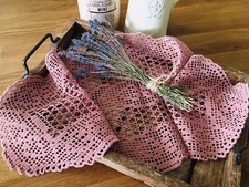 Vintage Unused Hand Crochet French Shabby  Blush Cotton Table Runner 92 x 36 cm
